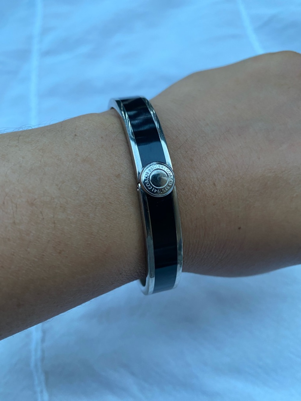 Coach Black and Silver Enamel Logo Bangle Bracelet - Picture 5 of 6
